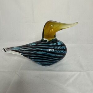 Glass Hand Blown Art Bird Paperweight Blue Black Stripes Hollow  9" Long